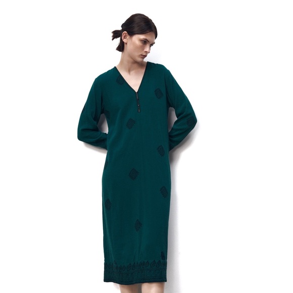 Zara NWT Green Printed Loose Fitting Long Sleeve Dress Large - Picture 7 of 14